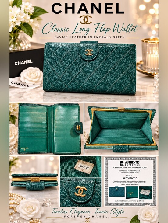 CHANEL Handbags - Vintage Chanel Caviar Classic Long Flap Wallet in Emerald Green - WITH COA